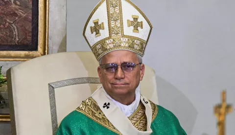epa12235102 Pope Leo XIV presides over a Mass at the Parrocchia Pontificia di San Tommaso da Villanova (Papal Parish of St. Thomas of Villanova) in the summer papal estate in Castel Gandolfo, 40 km southeast of Rome, Italy, 13 July 2025. The newly elected Pope Leo XIV is taking a summer break from 06 July to 20 July at the papal palace in Castel Gandolfo, a longtime country residence for pontiffs located just outside Rome. EPA/TIZIANA FABI/POOL
