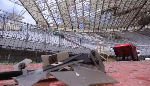 08.07.2025. Split - Snazno nevrijeme praceno obilnom kisom, jakim vjetrom i tucom jutros je zahvatilo dijelove grada. Na stadionu Poljud ostecen je dio krovne konstrukcije. Photo: Ivo Cagalj/PIXSELL