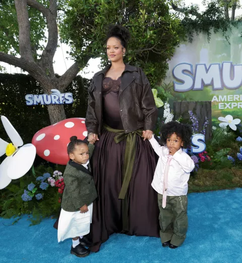 Cast member Rihanna, along with Riot Rose Mayers and RZA Athelston Mayers, attend the premiere for the film "Smurfs" in Los Angeles, California, U.S., July 13, 2025. REUTERS/Mario Anzuoni Photo: MARIO ANZUONI/REUTERS