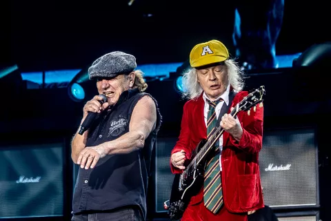 AC/DC guitarist Angus Young and AC/DC singer Brian Johnson during the AC/DC concert at the Estadio Wanda Metropolitano on July 12, 2025 in Madrid, Spain.The legendary British-Australian hard rock band performs today and next July 16, 2025 as part of its new Power Up Tour 2025, named after its latest album Power Up. Photo by Ricardo Rubio/Europa Press/ABACAPRESS.COM Photo: Europa Press/ABACA/ABACA