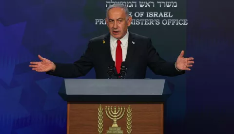 epa12123522 Israeli Prime Minister Benjamin Netanyahu addresses a press conference in Jerusalem, 21 May 2025. EPA/RONEN ZVULUN/POOL