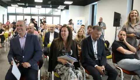 Zagreb, 15.07.2025 - Predstavljanje rezultata prvog nacionalnog istraživanja o percepciji i primjeni umjetne inteligencije u hrvatskom gospodarstvu, koje proveli HUP-ICT Udruga i HUP-Koordinacija za umjetnu inteligenciju u suradnji s agencijom Prizma CPI. Na fotografiji Hrvoje Josip Balen, glavna direktorica Hrvatske udruge poslodavaca (HUP) Irena Weber, Ratko Mutavdžić, Ervin Jagatić.foto HINA/ Denis CERIĆ /dc