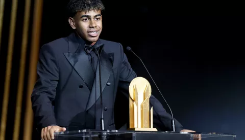 epa11689435 Barcelona and Spain forward Lamine Yamal delivers his speech after receiving the Kopa Trophy for the best player under the age of 21 at the Ballon d'Or 2024 ceremony at the Theatre du Chatelet in Paris, France, 28 October 2024. EPA/MOHAMMED BADRA