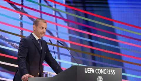 epa12007025 UEFA President Aleksander Ceferin delivers a speech during the 49th UEFA Ordinary Congress in Belgrade, Serbia, 03 April 2025. EPA/ANDREJ CUKIC