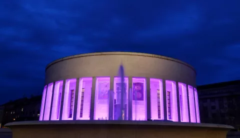 14.02.2022., Zagreb - Povodom Medjunarodnog dana epilepsije i Nacionalnog dana oboljelih od epilepsije HDLU je osvjetljen ljubicastom bojom. Photo: Marko Lukunic/PIXSELL