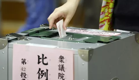 epa11686249 A woman casts her ballot during the general election at a polling station in Tokyo, Japan, 27 October 2024. Following the dissolution of the parliament by Japan's Prime Minister Shigeru Ishiba, voters are called for elections of the house of representatives (the lower house). EPA/FRANCK ROBICHON