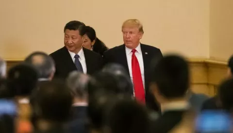epa06317049 US President Donald J. Trump (R) and Chinese President Xi Jinping (L) arrive for a press conference at the Great Hall of the People (GHOP) in Beijing, China, 09 November 2017. Trump is on an official visit to China from 08 to 10 November as part of his 12-day tour of Asia. EPA/ROMAN PILIPEY