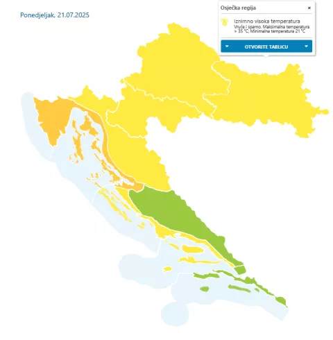 ZAGREB, 21. srpnja 2025. (Hina) - U većini krajeva očekuje se pretežno sunčano i vrlo toplo vrijeme, dok se na zapadu zemlje, osobito na sjevernom Jadranu i u zapadnoj unutrašnjosti, poslijepodne i navečer očekuju pljuskovi s grmljavinom, prognozira u ponedjeljak Državni hidrometeorološki zavod (DHMZ).