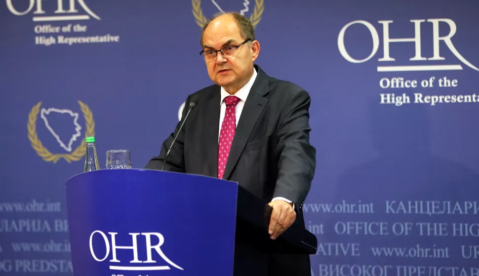 epa10720871 The High Representative for Bosnia and Herzegovina Christian Schmidt speaks during a press conference in Sarajevo, Bosnia and Herzegovina, 01 July 2023. Schmidt announced during the press conference that he is suspending the laws recently passed by the Assembly of the Republic of Srpska, entity of Bosnia and Herzegovina, which refer to provisions passed by the High Representative and the Constitutional Court of Bosnia and Herzegovina. He added that recent decisions adopted by the National Assembly of the Republic of Srpska directly violate the constitutional order of Bosnia and Herzegovina, and therefore the Dayton Agreement. EPA/FEHIM DEMIR