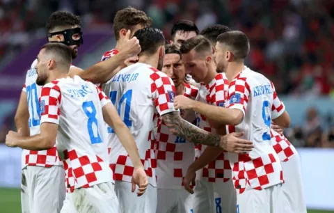 Doha, 17.12.2022. - Utakmica za treće mjesto Svjetskog nogometnog prvenstva Hrvatska - Maroko na stadionu Khalifa International. Na fotografiji Mateo Kovačić, Luka Modrić, Andrej Kramarić, Josip &Scaron;utalo, Mislav Or&scaron;ić, Ivan Peri&scaron;ić, Lovro Majer, Josip Stani&scaron;ić. foto HINA/ Damir SENČAR/ dk