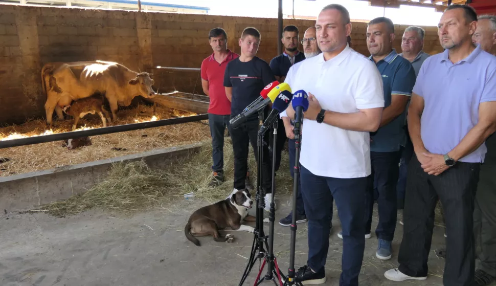 Kutina, 25.07.2025. - Za uginulu stoku od posljedica zaraze bedrenicom stočari će od države dobiti naknadu od 1.500 do 1.700 eura, a to se odnosi i na stočare iz Lonjskog polja u kojem je zaraza izbila 2022. godine, rekao je u petak ministar poljoprivrede David Vlajčić, nakon sastanka sa stočarima Lonjskog polja. Na fotografiji David Vlajčić. foto HINA/ Nikola BLAŽEKOVIĆ/ tm