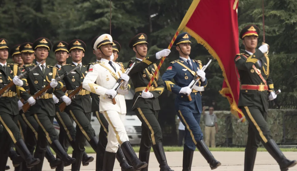 Marine Corps Gen. Joseph F. Dunford Jr., chairman of the Joint Chiefs of Staff, participates in a welcome ceremony with his Chinese counterpart Gen. Fang Fenghui at the Ba Yi, Aug. 15, 2017. (DOD photo by U.S. Navy Petty Officer 1st Class Dominique A. Pineiro)