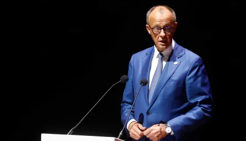 epa12228863 German Chancellor Friedrich Merz speaks during the Ukraine Recovery Conference (URC) in Rome, Italy, 10 July 2025. EPA/VINCENZO LIVIERI