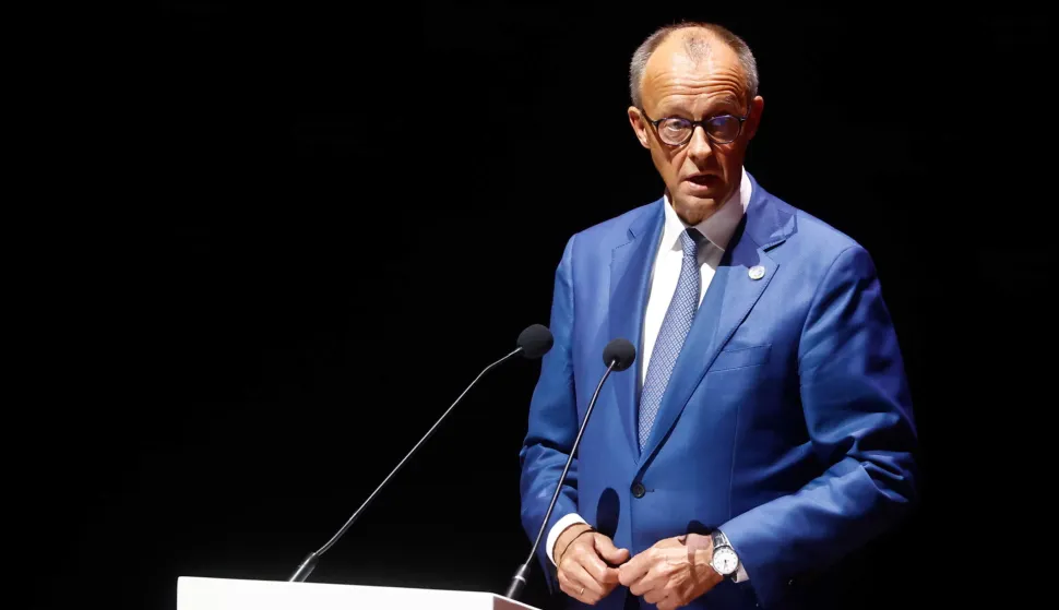 epa12228863 German Chancellor Friedrich Merz speaks during the Ukraine Recovery Conference (URC) in Rome, Italy, 10 July 2025. EPA/VINCENZO LIVIERI