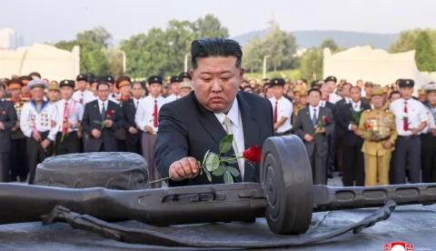 epa12264879 A photo released by the official North Korean Central News Agency (KCNA) shows North Korean leader Kim Jong Un (C) paying tribute during a visit to the Fatherland Liberation War Martyrs Cemetery, together with war veterans, on the occasion of the 72nd anniversary of the victory in the Fatherland Liberation War; in Pyongyang, North Korea, 26 July 2025 (issued 27 July 2025). The Day of Victory in the Great Fatherland Liberation War, observed annually on 27 July, is a national holiday in North Korea marking the signing of the Korean Armistice Agreement on 27 July 1953. EPA/KCNA EDITORIAL USE ONLY