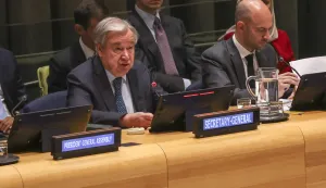 epa12268861 Secretary-General of the United Nations Antonio Guterres (L) speaks during a conference on the two-State solution to the Israeli-Palestinian conflict, at the United Nations (UN) headquarters in New York, New York, USA, 28 July 2025. EPA/SARAH YENESEL