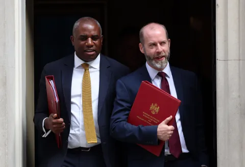 epa12239017 British Foreign Secretary David Lammy (L) and British Secretary of State for Business and Trade, President of the Board of Trade Jonathan Reynolds (R) depart 10 Downing Street following a cabinet meeting in London, Britain, 15 July 2025. EPA/ANDY RAIN