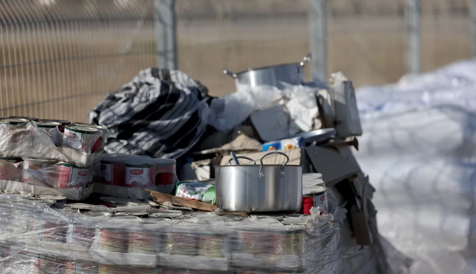 epa12275581 A photo taken while embedded with the Israeli Army shows damaged humanitarian aid on the Palestinian side of the Kerem Shalom border crossing, between the Gaza Strip and Israel, 31 July 2025. EPA/ATEF SAFADI