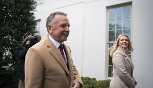 epa11945122 Steve Witkoff (L), US special envoy to the Middle East, and Karoline Leavitt, White House press secretary, depart after speaking to members of the media outside the White House in Washington, DC, US, 06 March 2025. EPA/AL DRAGO/POOL