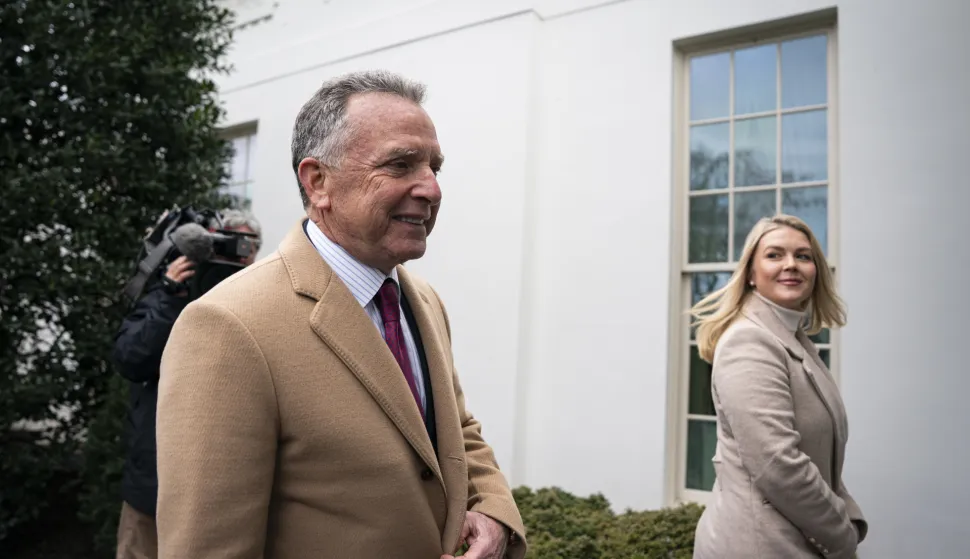 epa11945122 Steve Witkoff (L), US special envoy to the Middle East, and Karoline Leavitt, White House press secretary, depart after speaking to members of the media outside the White House in Washington, DC, US, 06 March 2025. EPA/AL DRAGO/POOL