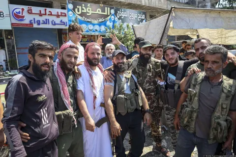 A new batch of Arab tribesmen, estimated in the thousands, departs from Idlib and its surrounding countryside toward the southern city of Sweida, Syria, on July 18, 2025. The movement is part of a growing mobilization driven by complex tribal dynamics and shifting alliances in the context of Syria's long-running conflict. Tribal groups play a pivotal role in regional politics and security, often navigating between local authorities, armed factions, and national interests. Their relocation reflects mounting pressure and instability in northern Syria, as well as strategic efforts to assert influence in the Druze-majority region of Sweida. The convoy includes both fighters and civilians, many traveling in vehicles over long distances under difficult conditions. This tribal realignment could have significant implications for local governance, military balance, and social cohesion in southern Syria. Photo by Omar Albaw/Middle East Images/ABACAPRESS.COM Photo: Middle East Images/ABACA/ABACA