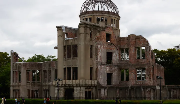 An image depicting the World Heritage-listed A-bomb Dome located within the Peace Memorial Park in Hiroshima, western Japan. The Atomic Bomb Dome, also known as the Hiroshima Peace Memorial, is a historic structure located in Hiroshima, Japan. It is an iconic symbol of the devastating atomic bombing that occurred during World War II. This building, originally an industrial promotion hall designed by Czech architect Jan Letzel, was the closest surviving building to the epicenter of the atomic explosion on August 6, 1945. (Photo by James Matsumoto/SOPA Images/Sipa USA) Photo: SOPA Images/SIPA USA