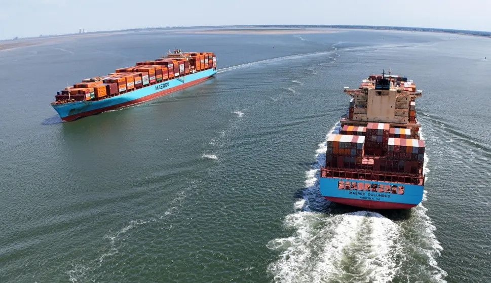 epa12187828 A photo taken by a drone shows the Maersk Columbus container ship (R) arriving from Norfolk Harbour, USA, en route to Antwerp Harbour, and Maersk Sembawang (L) sailing after departing from Antwerp harbour, near Hansweert, the Netherlands, 20 June 2025. According to the EU Commission, EU exports increased by 8.6 percent, while imports rose by 4.1 percent in the first quarter of 2025, driven by an acceleration in trade with the United States amid the threat of a trade war. The EU and US are engaged in trade talks ahead of a July tariff deadline set by US President Trump. EPA/OLIVIER HOSLET