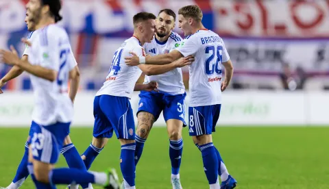 Split, 07.08.2025. - Prva utakmica 3. pretkola nogometne Konferencijske lige Hajduk - Dinamo Tirana. Na fotografiji strijelac prvog pogotka za Hajduk Bruno Durdov.foto HINA/ Miroslav Lelas/ lm