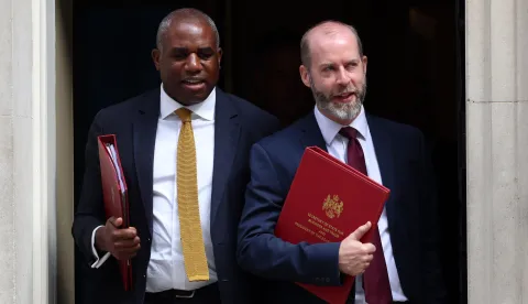 epa12239017 British Foreign Secretary David Lammy (L) and British Secretary of State for Business and Trade, President of the Board of Trade Jonathan Reynolds (R) depart 10 Downing Street following a cabinet meeting in London, Britain, 15 July 2025. EPA/ANDY RAIN