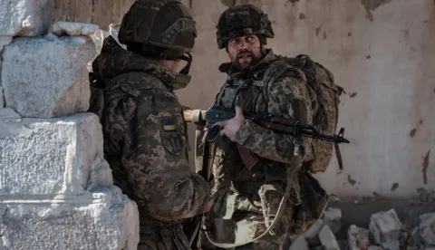 epa11947441 Soldiers of the Alcatraz Battalion, made up of former Ukrainian convicts, participate in tactical infantry training at an undisclosed location in Donetsk Oblast, Donetsk region, Ukraine, 07 March 2025. The Alcatraz Battalion was created in June 2024 after Ukrainian President Zelensky signed a law allowing for the commutation of sentences of certain categories of prisoners in exchange for signing a contract with the army and fighting in the infantry. EPA/MARIA SENOVILLA