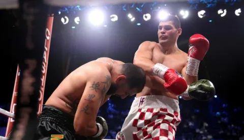 Andy Ruiz Jr v Anthony Joshua - Diriyah Arena Eric Molina (left) and Filip Hrgovic in action in their WBC International Heavyweight Championship contest at the Diriyah Arena, Diriyah, Saudi Arabia. Nick Potts Photo: PA Images/PIXSELL