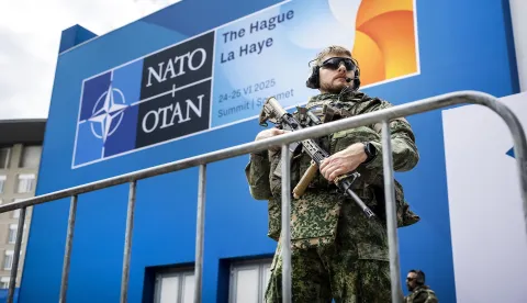 epaselect epa12190804 An armed security member guards the World Forum, the venue of the NATO summit, in The Hague, the Netherlands, 22 June 2025. The Hague will host a NATO Summit from 24 to 25 June, the first such summit to be held in the Netherlands. EPA/REMKO DE WAAL