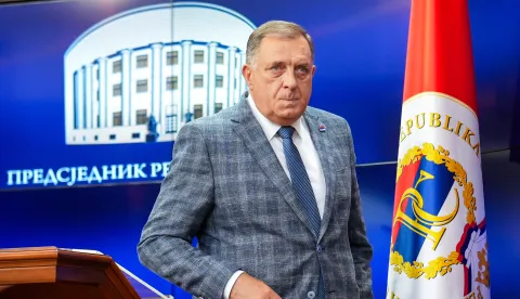 01.08.2025., Banja Luka, Bosna i Hercegovina - Predsjednik Republike Srpske Milorad Dodik odrzao je konferenciju za medije povodom prvostupne presude Apelacionog vijeca Suda BiH koje je potvrdilo prvostupnu presudu kojom je osudjen na godinu dana zatvora, te mu se zabranjuje politicko djelovanje sest godina. Photo: Dejan Rakita/PIXSELL