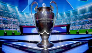 epa12329945 The UEFA Champions League on display before the UEFA Champions League league phase draw at the Grimaldi Forum in Monaco, 28 August 2025. EPA/MOHAMMED BADRA