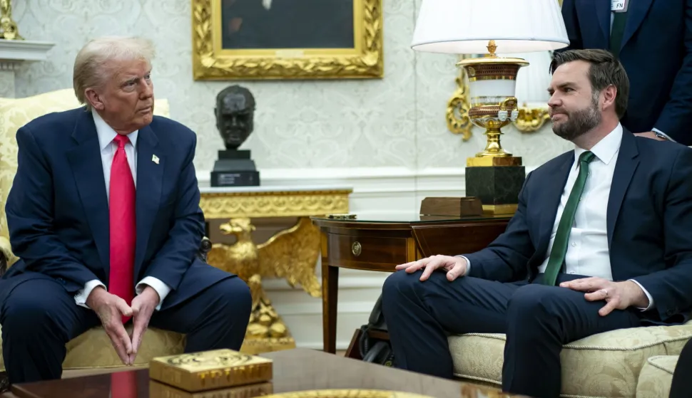 epa11958877 US President Donald Trump (L) and US Vice President JD Vance (R) chat during their meeting with Taoiseach of Ireland Micheal Martin in the Oval Office at the White House in Washington, DC, USA, 12 March 2025. EPA/BONNIE CASH/POOL