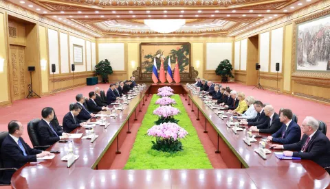 (250902) -- BEIJING, Sept. 2, 2025 (Xinhua) -- Chinese President Xi Jinping holds talks with Russian President Vladimir Putin at the Great Hall of the People in Beijing, capital of China, Sept. 2, 2025. Putin is in China for the Shanghai Cooperation Organization Summit 2025, as well as commemorations marking the 80th anniversary of the victory in the Chinese People's War of Resistance against Japanese Aggression and the World Anti-Fascist War. (Xinhua/Ding Haitao) Photo: Ding Haitao/XINHUA