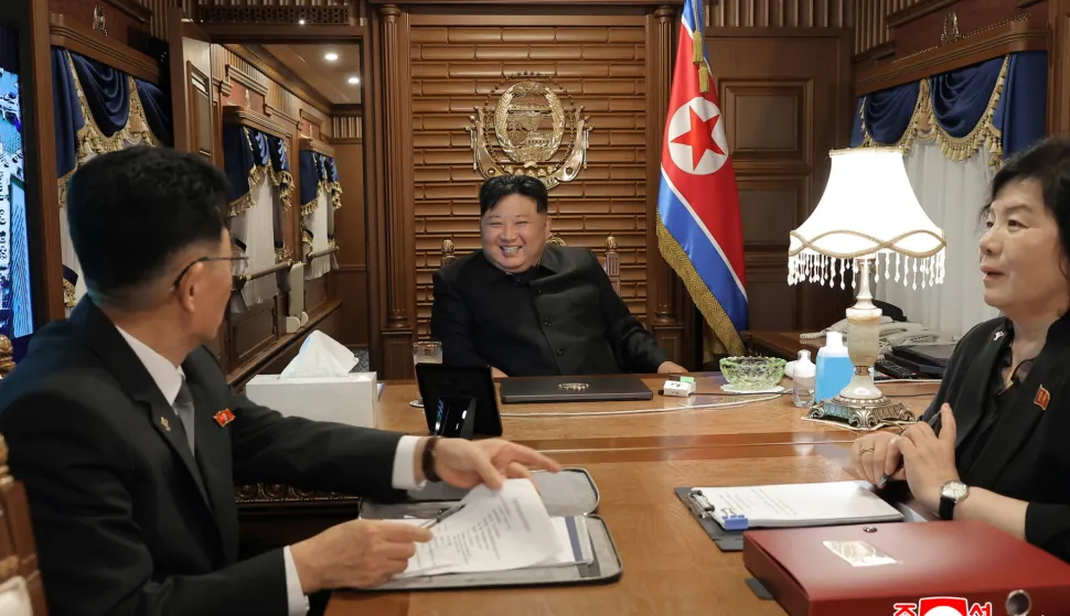 epaselect epa12344641 A photo released by the official North Korean Central News Agency (KCNA) shows North Korean leader Kim Jong Un (C) on his private train in Pyongyang, North Korea, 01 September 2025 (issued 02 September 2025). The North Korean leader departed on 01 September on his private train to Beijing to attend celebrations marking the 80th anniversary of the victory of the Chinese People?s War of Resistance Against Japanese Aggression and the World Anti-Fascist War, according to Kim Chon Il, director of the DPRK Foreign Ministry?s Department of Press and Information. EPA/KCNA EDITORIAL USE ONLY