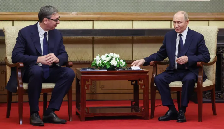 epa12345936 Russian President Vladimir Putin (R) meets with Serbian President Aleksandar Vucic at Diaoyutai State Guesthouse in Beijing, China, 02 September 2025. The meeting takes place one day ahead of China's Victory Parade commemorating the end of WWII. EPA/MAXIM SHEMETOV/POOL