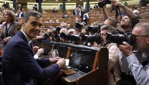 epa11359465 Spanish Prime Minister, Pedro Sanchez, attends a plenary session at the Parliament's Lower Chamber, in Madrid, Spain, 22 May 2024. Sanchez announced that Spain will recognize the state of Palestine on 28 May 2024. EPA/JJ Guillen