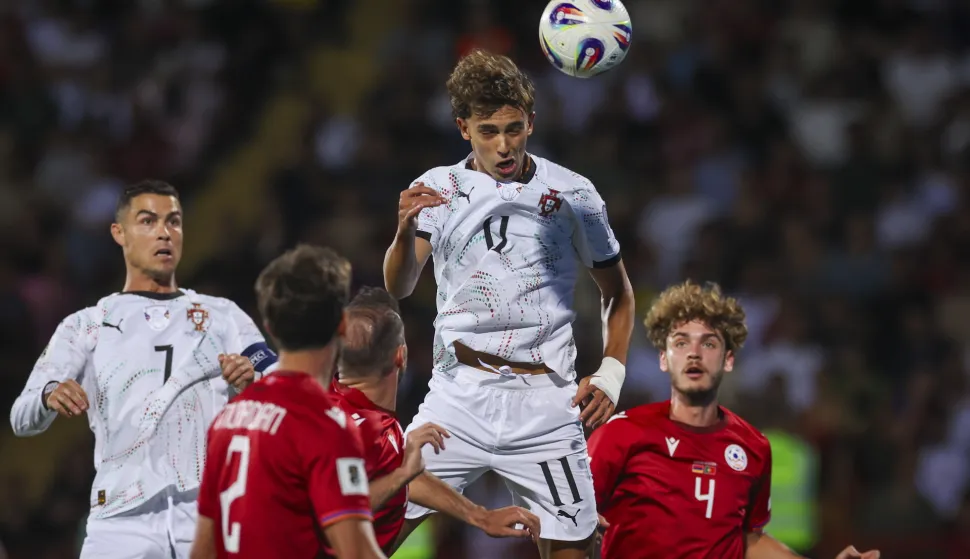 epa12357607 Portugal's Joao Felix scores the 0-1 goal during the FIFA World Cup 2026 Grup F qualifier match between Armenia and Portugal, in Yerevan, Armenia, 06 September 2025. EPA/JOSE SENA GOULAO