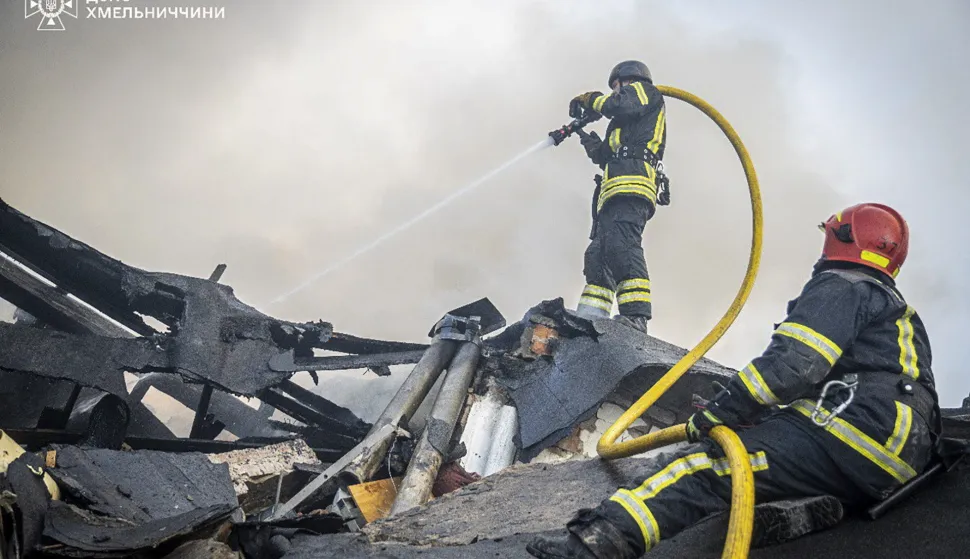 epa12347797 A handout photo made available by the State Emergency Service shows Ukrainian rescuers work at the site of Russian shelling in the Khmelnytskyi region of Ukraine, 03 September 2025, amid the ongoing Russian invasion. According to the State Emergency Service report, nobody was killed or injured during the shelling. EPA/STATE EMERGENCY SERVICE/HANDOUT HANDOUT EDITORIAL USE ONLY/NO SALES