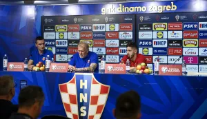 07.09.2025., Zagreb - Konferencija za medije nogometne reprezetacije Crne Gore na stadionu Maksimir uoci kvalifikacijske utakmice za Svjetsko prvenstvo protiv Hrvatske. izbornik Crne Gore Robert Prosinecki, Stevan Jovetic Photo: Igor Soban/PIXSELL