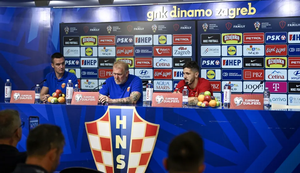 07.09.2025., Zagreb - Konferencija za medije nogometne reprezetacije Crne Gore na stadionu Maksimir uoci kvalifikacijske utakmice za Svjetsko prvenstvo protiv Hrvatske. izbornik Crne Gore Robert Prosinecki, Stevan Jovetic Photo: Igor Soban/PIXSELL