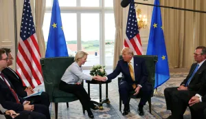 U.S. President Donald Trump shakes hands with European Commission President Ursula von der Leyen, after an announcement of a trade deal between the U.S. and EU, in Turnberry, Scotland, Britain, July 27, 2025. REUTERS/Evelyn Hockstein Photo: Evelyn Hockstein/REUTERS