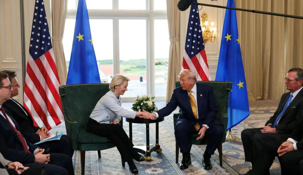 U.S. President Donald Trump shakes hands with European Commission President Ursula von der Leyen, after an announcement of a trade deal between the U.S. and EU, in Turnberry, Scotland, Britain, July 27, 2025. REUTERS/Evelyn Hockstein Photo: Evelyn Hockstein/REUTERS