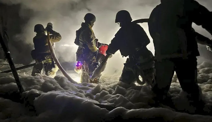 epa12362151 A handout photo released by the press service of the State Emergency Service (SES) of Ukraine shows Ukrainian rescuers working to extinguish a fire at an industrial enterprise after a Russian strike in Kyiv, Ukraine, 08 September 2025, amid the Russian invasion. The SES reported no casualties from the overnight Russian attack, which was part of a large-scale launch of over 140 drones across Ukraine. EPA/STATE EMERGENCY SERVICE OF UKRAINE HANDOUT -- BEST QUALITY AVAILABLE -- MANDATORY CREDIT: STATE EMERGENCY SERVICE OF UKRAINE -- HANDOUT EDITORIAL USE ONLY/NO SALES
