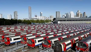 epa12364092 An aerial picture taken with a drone shows London Underground tube trains parked at Stratford Market Depot as the second day of the Tube strike keeps nearly all of London's Underground and DLR services shut in London, Britain, 09 September 2025. Members of the Rail, Maritime And Transport union (RMT) are staging a four-day walkout from 07 to 11 September after rejecting a 3.4 percent pay rise and demanding their 35-hour week be reduced to a 32-hour week to improve their working conditions. EPA/TOLGA AKMEN