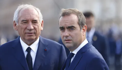 epa12365454 (FILE) - France's Prime Minister Francois Bayrou (L) and France's Minister of Armed Forces Sebastien Lecornu (R) arrive to the annual Bastille Day military parade in Paris, France, 14 July 2025 (reissued on 09 September 2025). The Elysee Palace announced on 09 September that Sebastien Lecornu has been named the country's new Prime Minister. Lecornu succeeds Francois Bayrou who was ousted on 08 September after losing a confidence vote in parliament. EPA/MOHAMMED BADRA