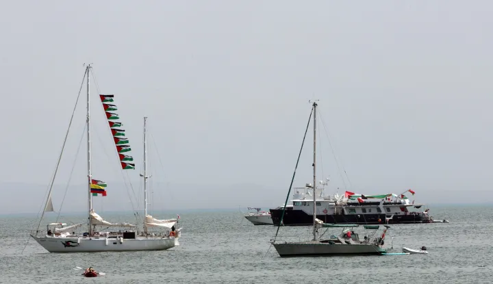 epa12364871 Vessels, part of the Global Sumud Flotilla, off the coast of Sidi Bou Said, one day after a drone attack on one of the humanitarian ships in Tunisian waters off Tunis, Tunisia, 09 September 2025. The Global Sumud Flotilla (GSF) for Gaza announced on 09 September that one of its main vessels was reportedly targeted by a drone while in Tunisian waters. The six people on board, both passengers and crew, were not injured. According to the WFTU statement, the ship, which sails under the Portuguese flag and carries the initiative's steering committee, suffered damage following a fire affecting the main deck and a storage area. Tunisian authorities rejected the theory of an airstrike, saying that, according to a first inspection, the explosion that caused the fire probably started inside the ship. EPA/MOHAMED MESSARA