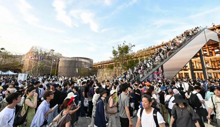 Visitors pack the World Exposition site in Osaka on Sept. 14, 2025. The Japan Association for the 2025 World Exposition said more than 200 thousand people per day visited the expo between Sept. 12 to 14, as its Oct. 13 closure approaches. (Kyodo) ==Kyodo Photo via Newscom